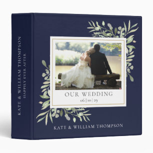 Navy Blue Greenery Wedding Photo 3 Ring Binder