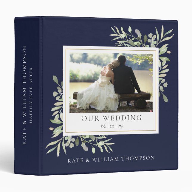 Navy Blue Greenery Wedding Photo 3 Ring Binder (Front/Spine)
