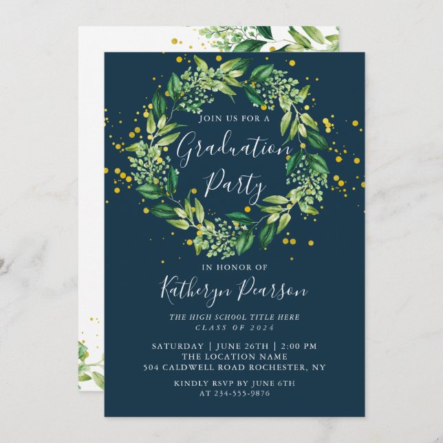 Navy Blue Greenery Wreath Gold Glitter Graduation  Invitation (Front/Back)
