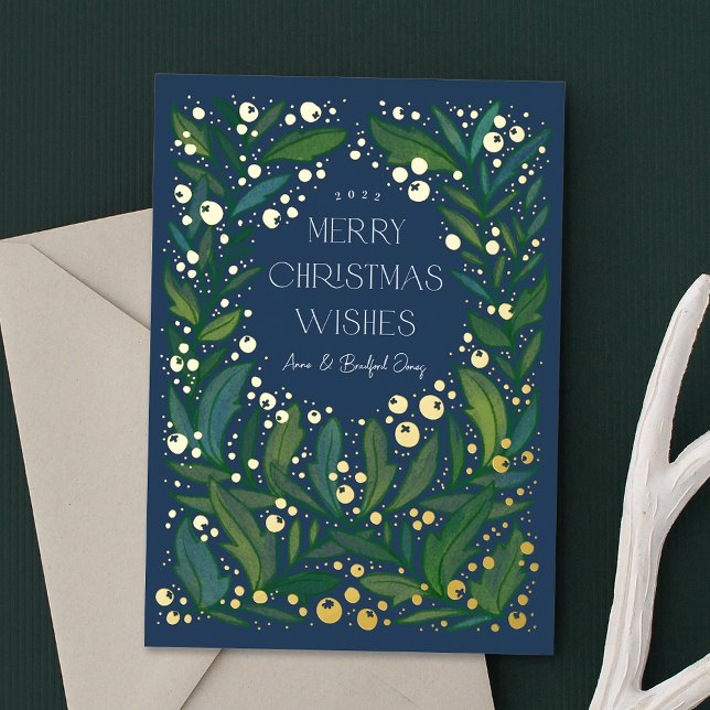Navy Blue Greenery Wreath Merry Christmas Foil Holiday Card (Creator Uploaded)