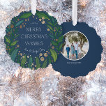 Navy Blue Greenery Wreath Merry Christmas Ornament Card<br><div class="desc">Rich navy blue makes an elegant backdrop for intertwined boughs of leafy branches that encircle a message of "merry Christmas wishes" accented by faux foil berries and stars. Personalize this card with your name,  the year,  a custom message and your photo on the reverse.</div>