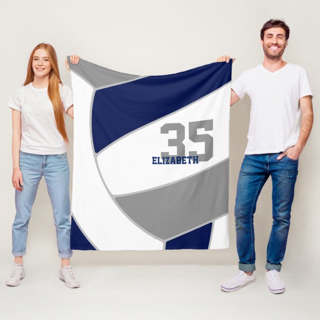 navy blue grey and white ginormous volleyball fleece blanket (In Situ)