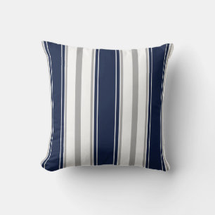 Navy Blue, Grey and White Vertical Stripes Pattern Throw Pillow