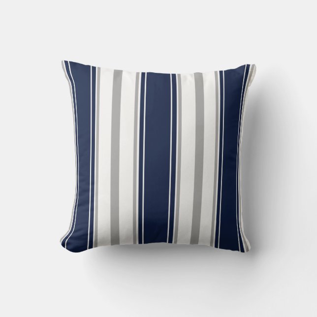 Navy Blue, Grey and White Vertical Stripes Pattern Throw Pillow (Front)