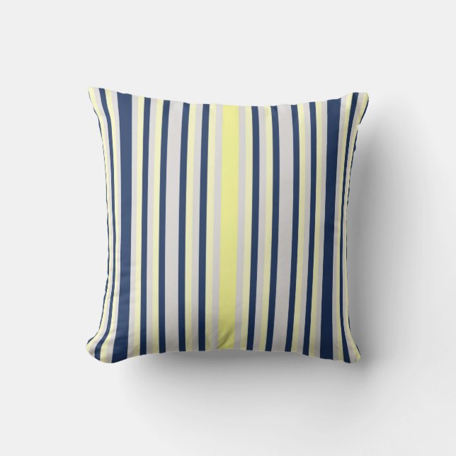 Navy Blue, Grey and Yellow Striped Throw Pillow (Front)