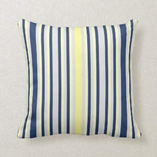 Navy Blue, Grey and Yellow Striped Throw Pillow