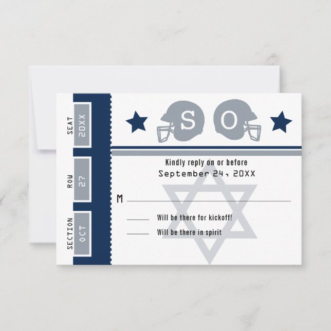 Navy Blue Grey Bar Mitzvah Football Ticket RSVP (Front)