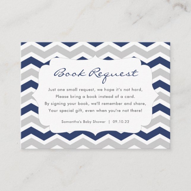 Navy Blue Grey Boy Baby Shower book request Enclosure Card (Front)
