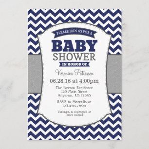 Navy Blue Grey Chevron Baby Shower Invitation