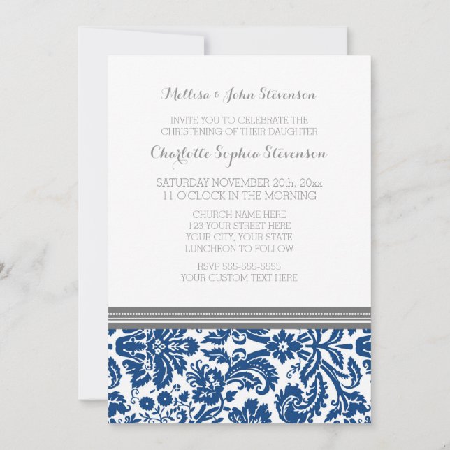 Navy Blue Grey Damask Christening Invitation (Back)