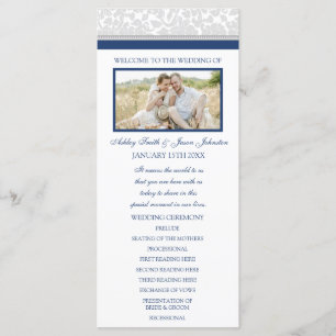Navy Blue Grey Damask Photo Wedding Program