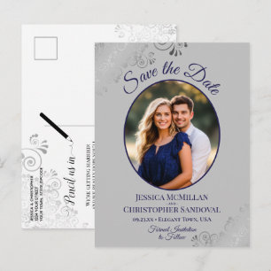 Navy Blue & Grey Fancy Wedding Save the Date Photo Announcement Postcard