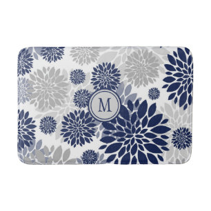 Navy Blue Grey Flower Graphic Pattern Bath Mat