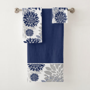 Navy Blue Grey Flower Graphic Pattern Bath Towel Set