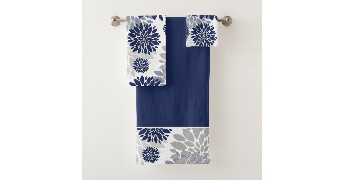 Navy Blue Grey Flower Graphic Pattern Bath Towel Set Zazzle