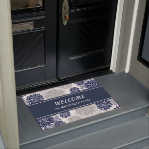 Navy Blue Grey Flower Graphic Pattern Doormat