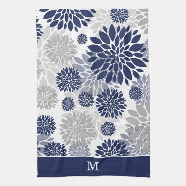 Navy Blue Grey Flower Pattern Monogram Kitchen Towel (Vertical)