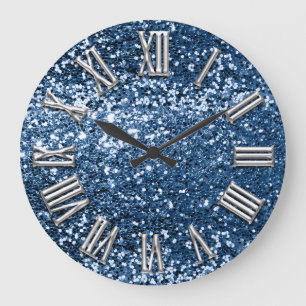 Navy Blue Grey Glitter Grey Silver Roman Number Large Clock