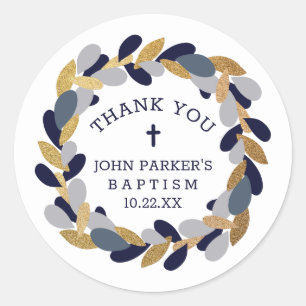 Navy Blue Grey gold wreath baptism thank you Classic Round Sticker