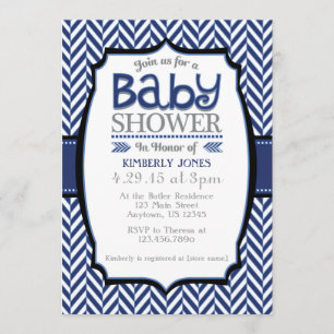 Navy Blue Grey Herringbone Baby Shower Invitations