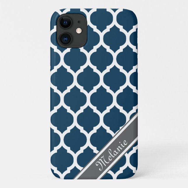 Navy Blue & Grey Lattice Custom Name Case-Mate iPhone Case (Back)