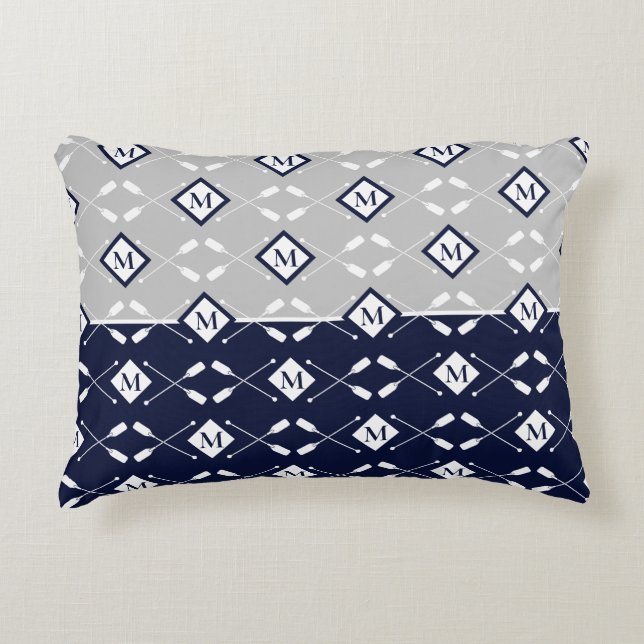 Navy Blue Grey Monogram Paddle Lake House Accent P Accent Pillow (Front)