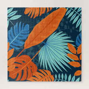 Navy Blue Grey Orange watercolor Flower Pattern Jigsaw Puzzle