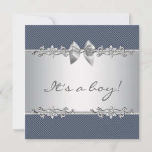 Navy Blue Grey Pinstripe Boy Shower Invitation