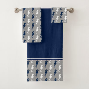 Navy Blue Grey Seahorse Pattern Bath Towel Set