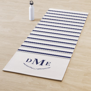 Navy Blue Grey Stripes Classic Monogram Exercise Yoga Mat