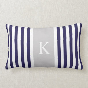 Navy Blue Grey Stripes Monogram Lumbar Pillow