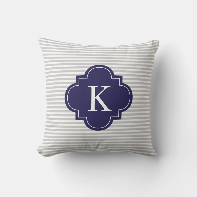 Navy Blue Grey Stripes Quatrefoil Monogram Throw Pillow (Front)
