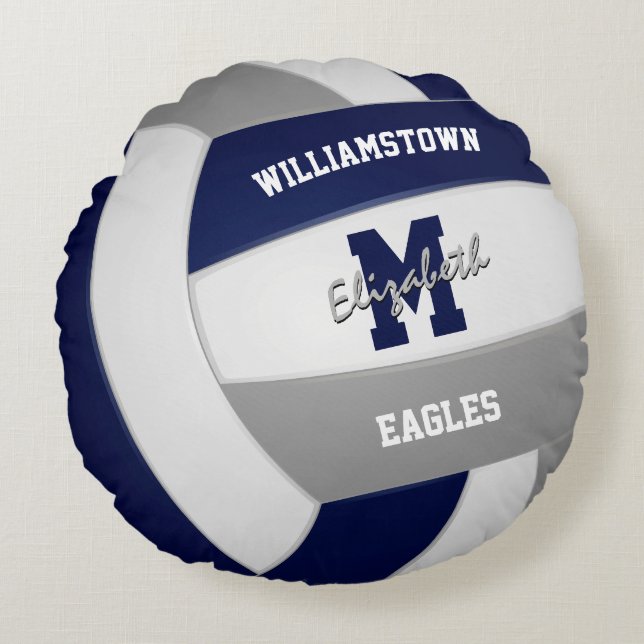 navy blue grey team colours kids volleyball round pillow (Front)