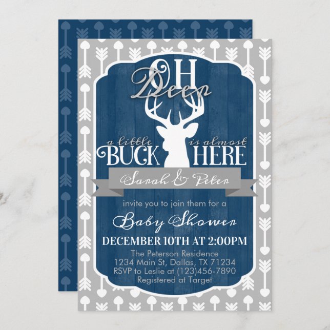 Navy Blue Grey Tribal Deer Baby Shower Invitation (Front/Back)