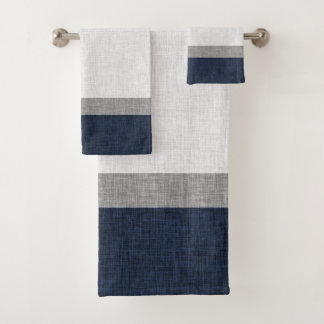 Navy Blue Grey White Bold Stripe Crosshatch Bath Towel Set