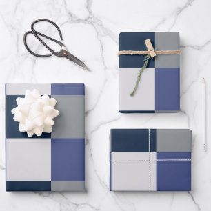 Navy Blue Grey White Checkerboard  Wrapping Paper Sheet