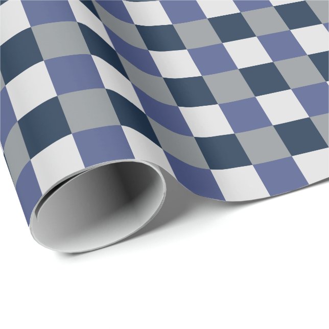 Navy Blue Grey White Chequerboard Chequered Wrapping Paper (Roll Corner)