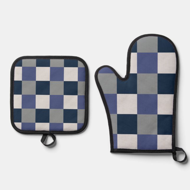 Navy Blue Grey White Chequerboard  Oven Mitt & Pot Holder Set (Front)