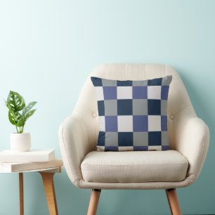 Navy Blue Grey White Chequerboard Pattern Throw Pillow