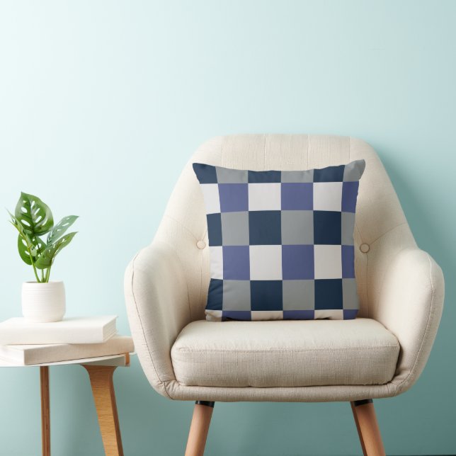 Navy Blue Grey White Chequerboard Pattern Throw Pillow (Chair)