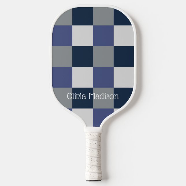 Navy Blue Grey White Chequerboard Personalized Pickleball Paddle (Front)