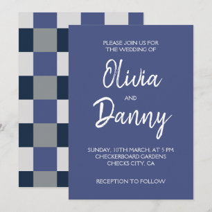 Navy Blue Grey White Chequerboard Wedding Invitation