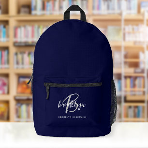 Navy Blue Grey White Script Monogram Name Printed Backpack