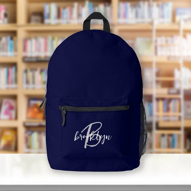 Navy Blue Grey White Script Monogram  Printed Backpack (Creator Uploaded)