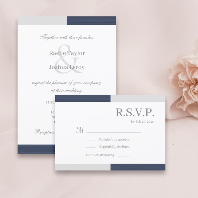 Navy Blue Grey White Stripes Elegant Wedding RSVP Invitation (Creator Uploaded)