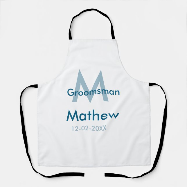 Navy blue groomsman name letter date masculine per apron (Front)