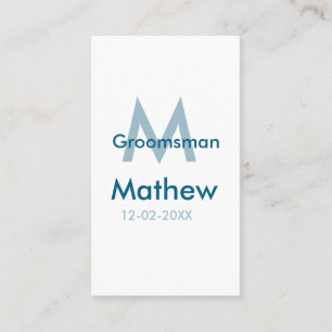 Navy blue groomsman name letter date masculine per business card