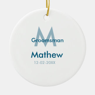Navy blue groomsman name letter date masculine per ceramic ornament