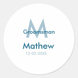 Navy blue groomsman name letter date masculine per classic round sticker