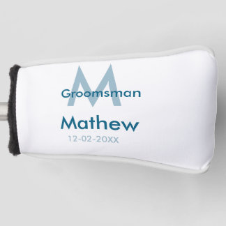 Navy blue groomsman name letter date masculine per golf head cover